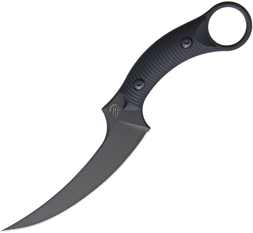Bastinelli Creations Mako Fixed Blade Black PVD - A black fixed blade knife with a curved blade and a black G10 handle, featuring a finger ring and a PVD coating.