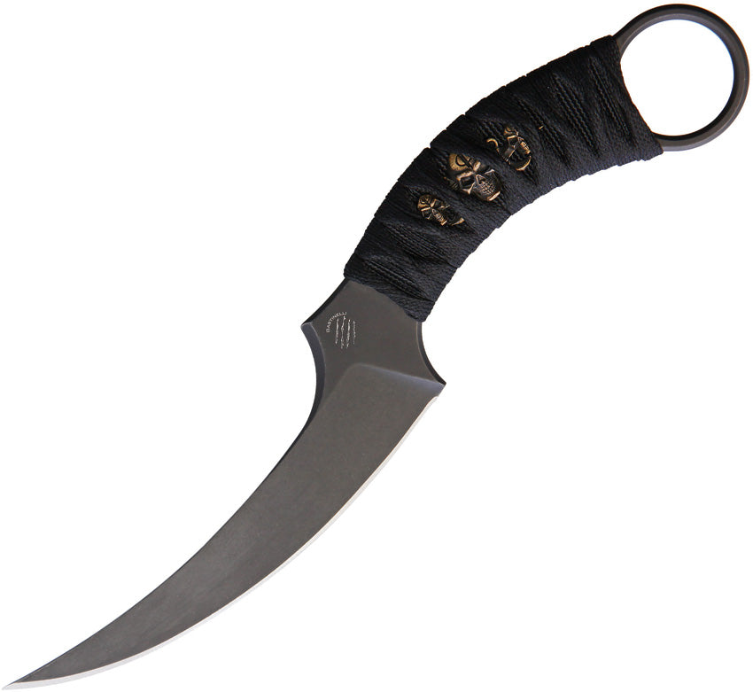 A black fixed blade knife with a curved blade and a finger ring, featuring a black cord wrapped handle and bronze menuki handle decoration.