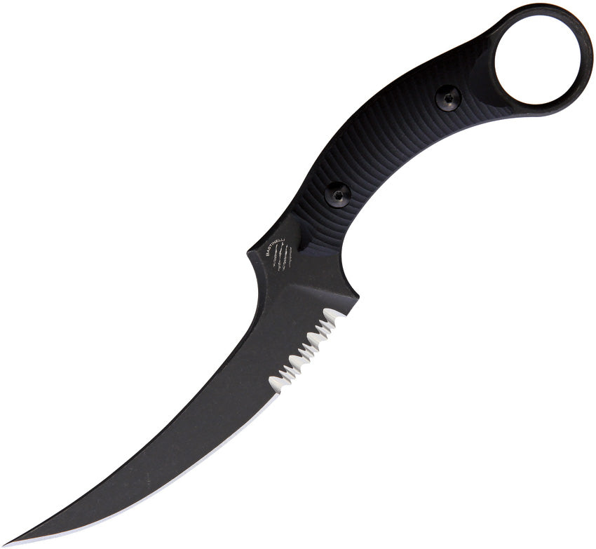 Bastinelli Creations Mako Fixed Blade Serrated - A black fixed blade knife with a partially serrated curved blade and a black Kydex belt sheath.