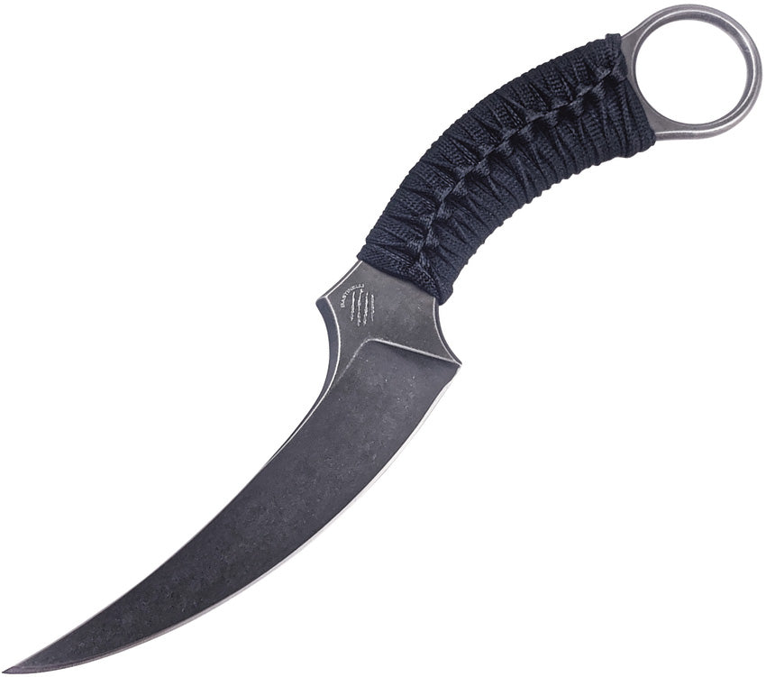 Bastinelli Creations Mako Fixed Blade Wrapped - A black fixed blade knife with a curved blade, finger ring, and cord wrapped handle. The knife has a black stonewash finish and is displayed with the blade closed.