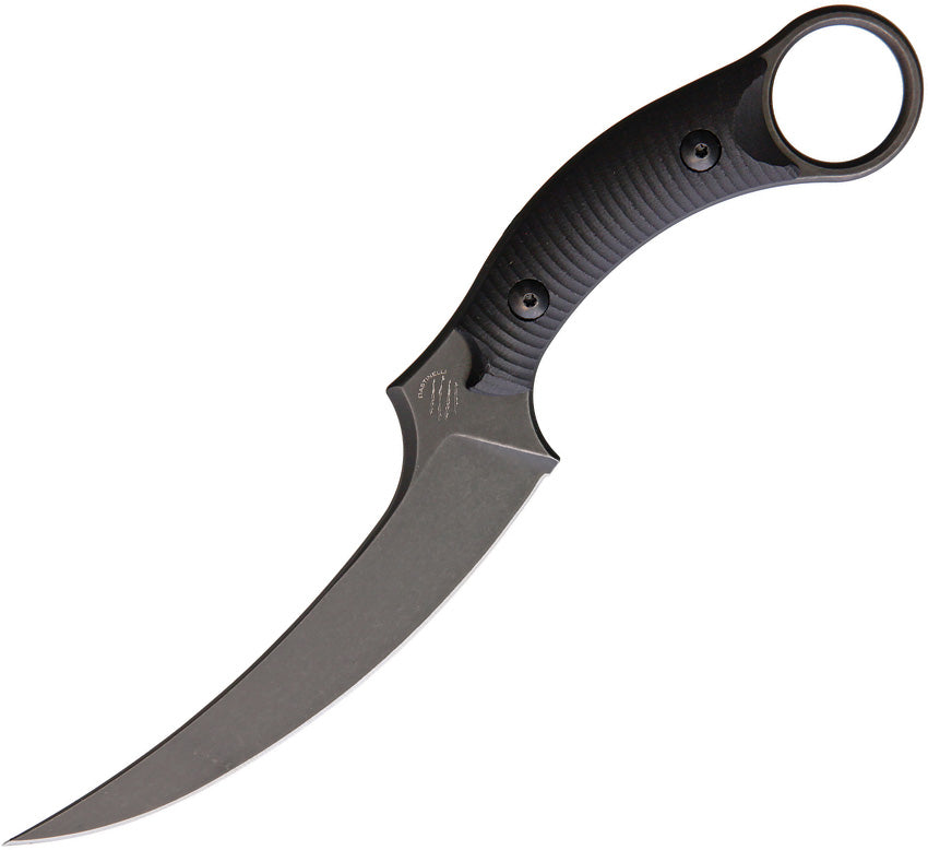 Bastinelli Creations Mako Fixed Blade - A black fixed blade knife with a curved blade and a finger ring, featuring a black Kydex belt sheath.
