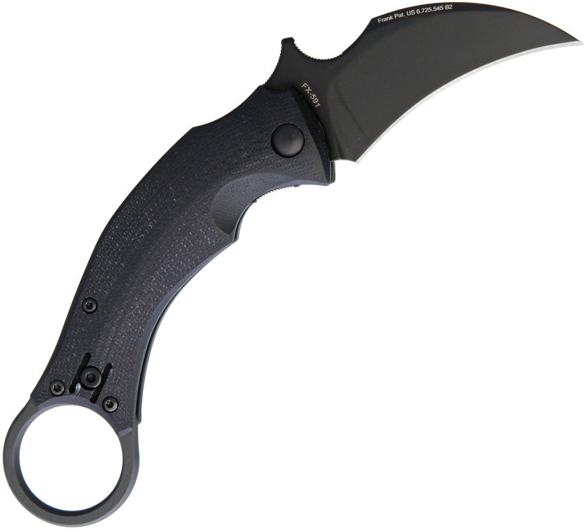 Bastinelli Creations Black Bird Folder Black - Black folding knife with a curved blade and a finger ring, featuring a black Cerakote finish on the blade and black G10 handle.