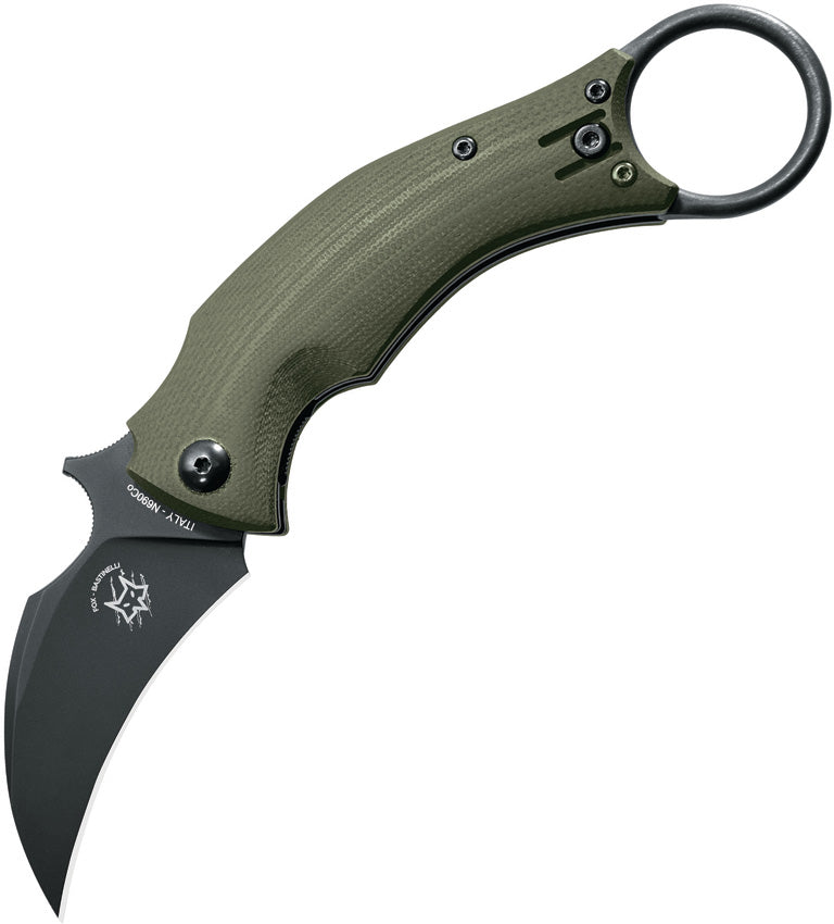 Bastinelli Creations Black Bird Linerlock OD Green - A folding knife with a black Cerakote finish blade and OD green G10 handle, featuring an extended tang, finger ring, and pocket clip.