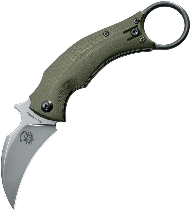 Bastinelli Creations Black Bird Linerlock OD Green - A folding knife with an OD green G10 handle, stonewash finish N690Co steel blade, finger ring, and extended tang. The knife is partially open, displaying the blade and the handle.
