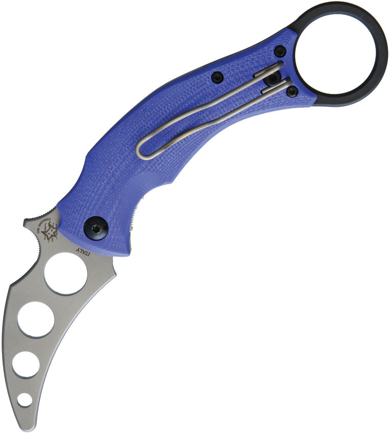 A blue folding knife with a unsharpened blade, extended tang, finger ring, and pocket clip.