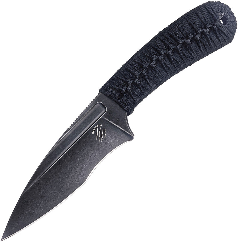 Bastinelli Creations SIN Fixed Blade Wrapped - A black fixed blade knife with a wrapped handle and a stonewash finish blade, including a lanyard hole and a Kydex belt sheath.