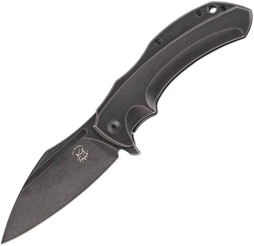 A black folding knife with a stonewash finish blade and titanium handle, featuring an extended tang, pocket clip, and lanyard hole.