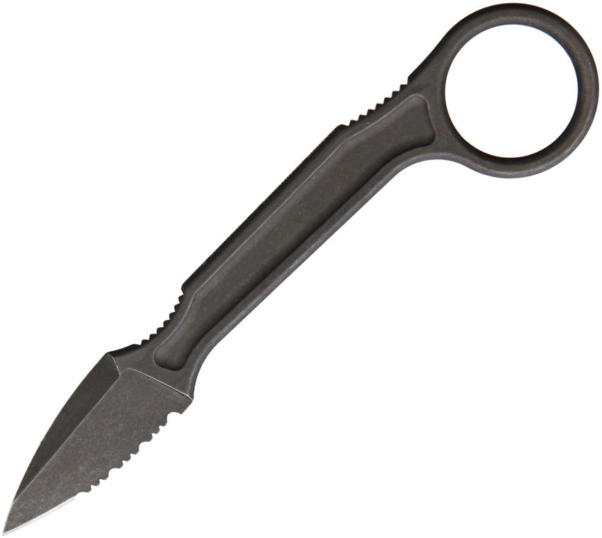 A black fixed blade knife with a serrated edge and a finger ring, overall 5.88 inches long.