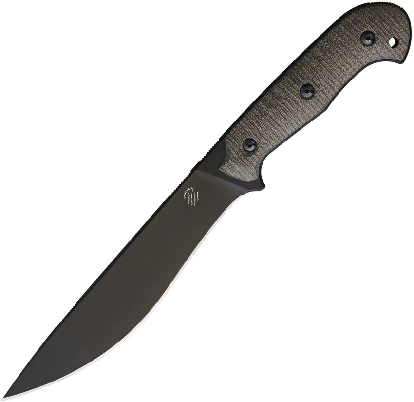 Bastinelli Creations SILENCE Large Fixed Blade - A fixed blade knife with a black stonewash finish blade and green canvas micarta handle, equipped with a black Kydex belt sheath.
