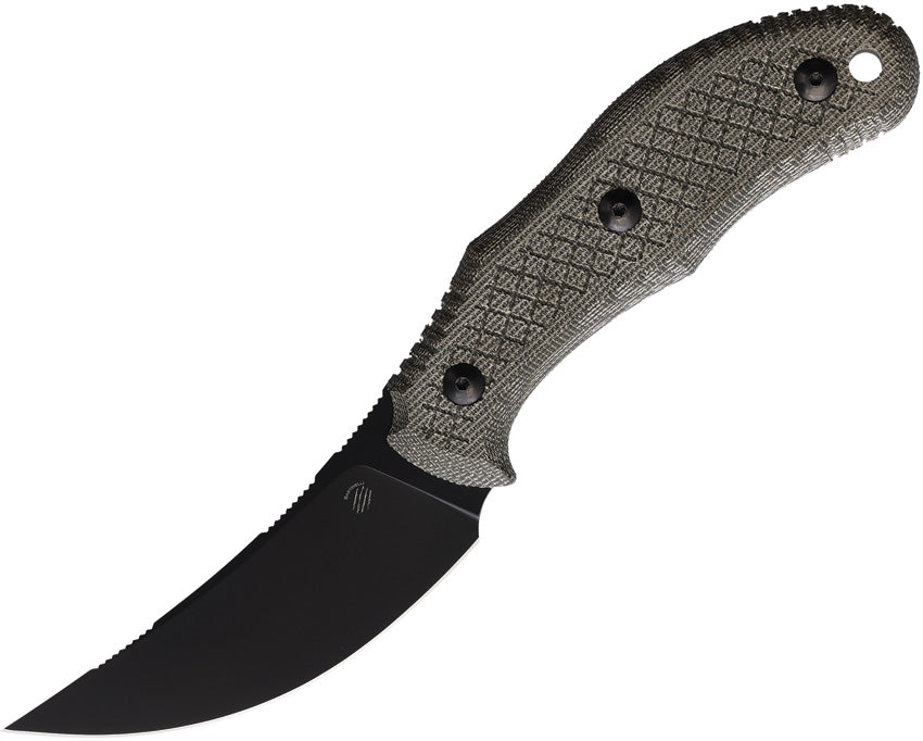 A fixed blade hunting knife with an overall length of 8.25 inches, featuring a black oxide coated blade and OD green canvas micarta handle.