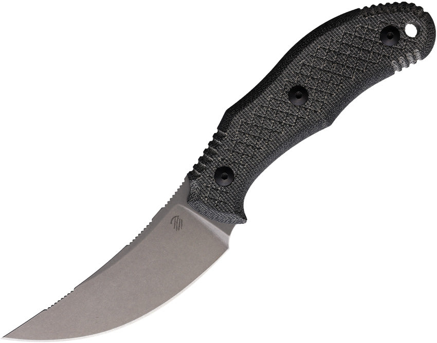 Bastinelli Creations Chopper Fixed Blade Mic LE - A black fixed blade knife with a stonewash finish blade and black canvas micarta handle, including a lanyard hole and a black Kydex sheath.