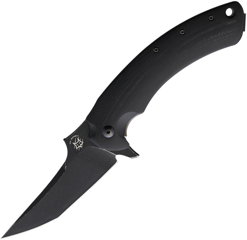 Bastinelli Creations Gecko Framelock - A black folding knife with a green handle, featuring a blade partially inserted into its black PVD coated Bohler N690 stainless handle, with a titanium back handle and a pocket clip.