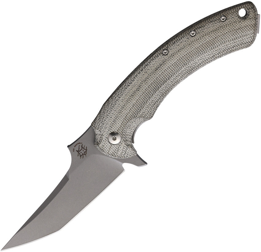 Bastinelli Creations Gecko Framelock - A folding knife with a green micarta handle and stainless steel blade, featuring a titanium back handle, pocket clip, and lanyard hole.