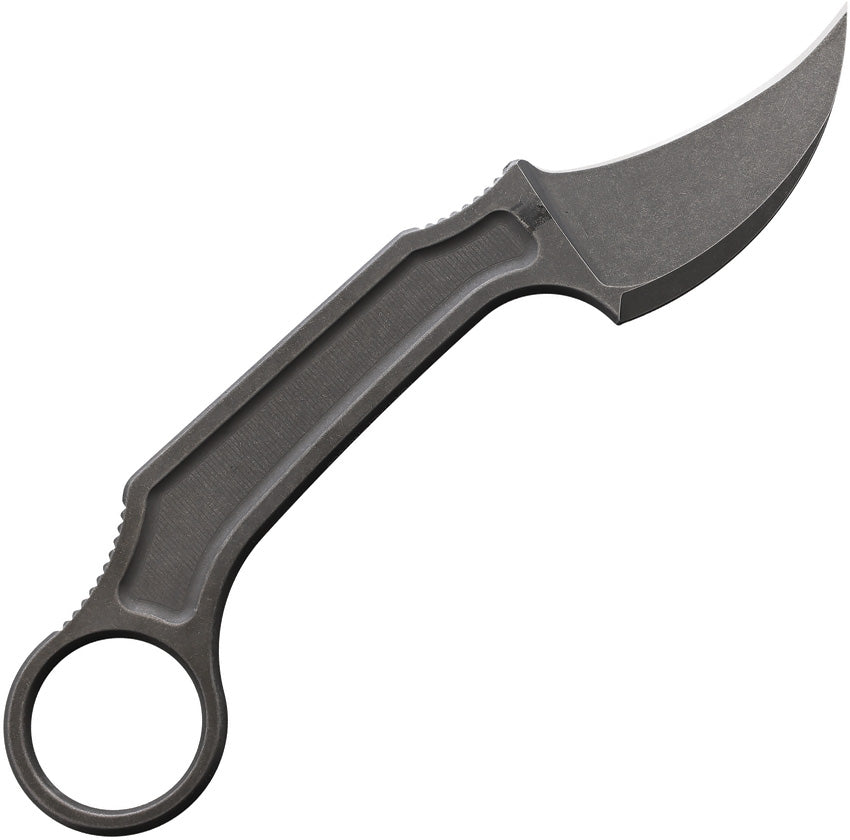 A black fixed blade knife with a curved handle and a straight edge blade, overall 6.75 inches long.