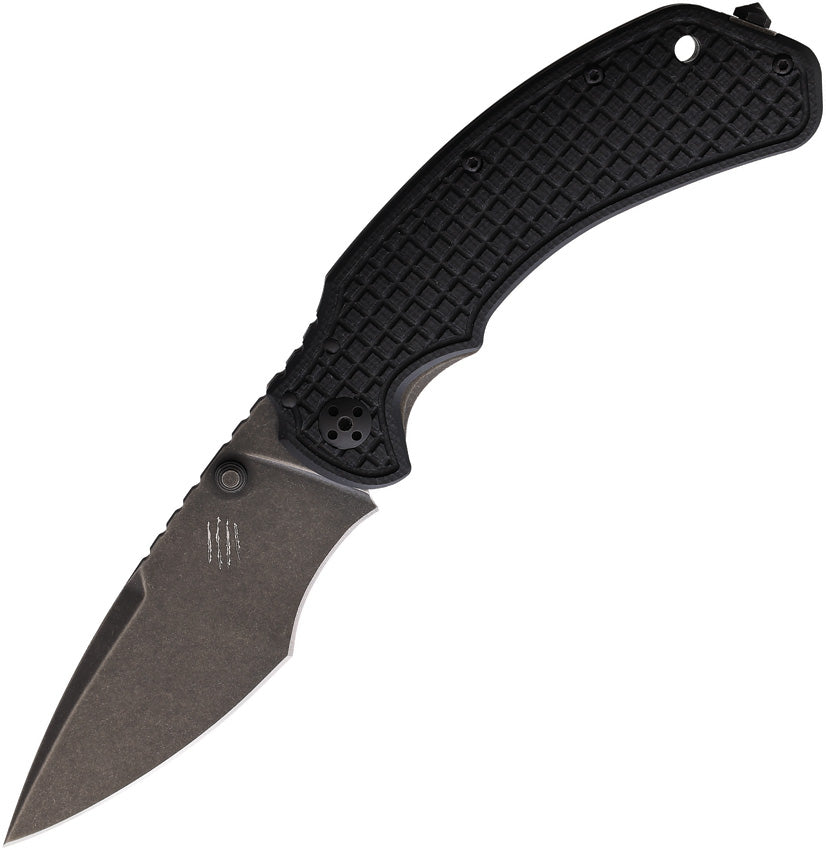 A black folding knife with a stonewash finish blade and textured handle, featuring a framlock mechanism.