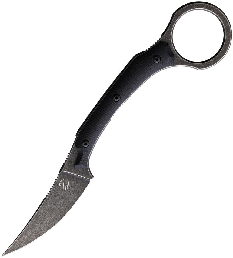 A black fixed blade knife with a Bohler M39 stainless steel blade and black G10 handle, featuring a finger ring and a Kydex belt sheath.