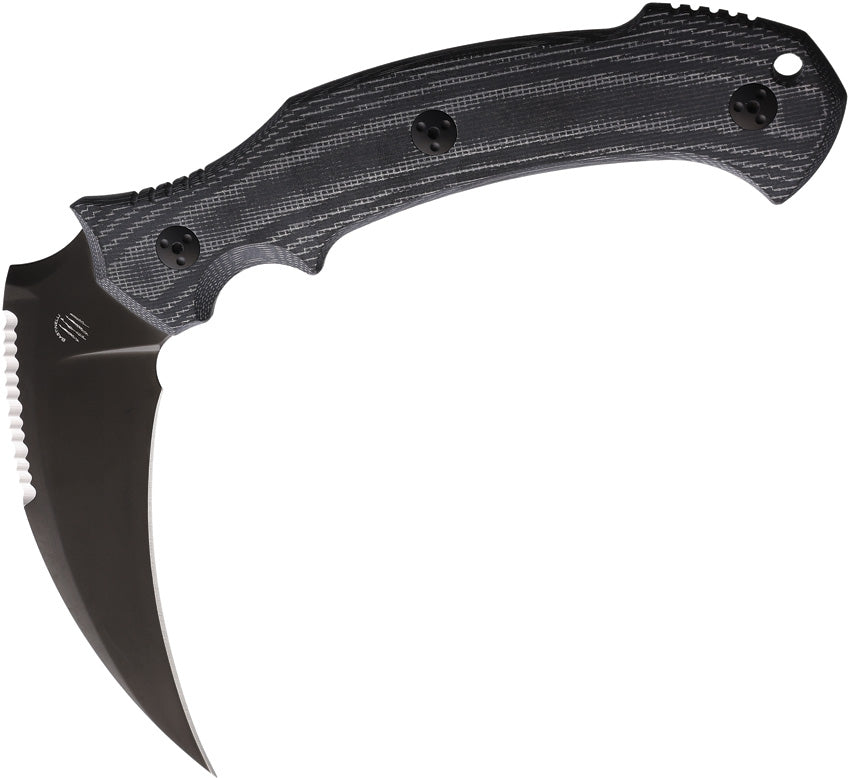 A black fixed blade knife with a curved partially serrated blade and black micarta handle, including a lanyard hole and black Kydex sheath.