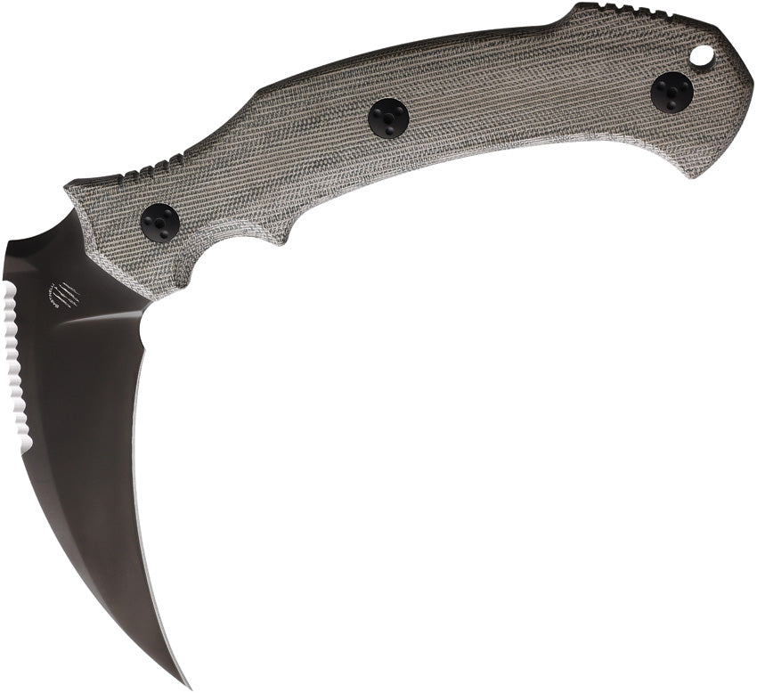 A green-handled fixed blade knife with a black PVD coated partially serrated curved blade and a black Kydex sheath.