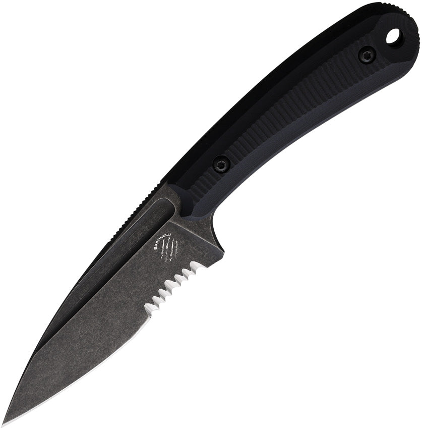 Bastinelli Creations SIN Fixed Blade Serrated - A black fixed blade knife with a serrated edge and a black G10 handle, with a sheath.