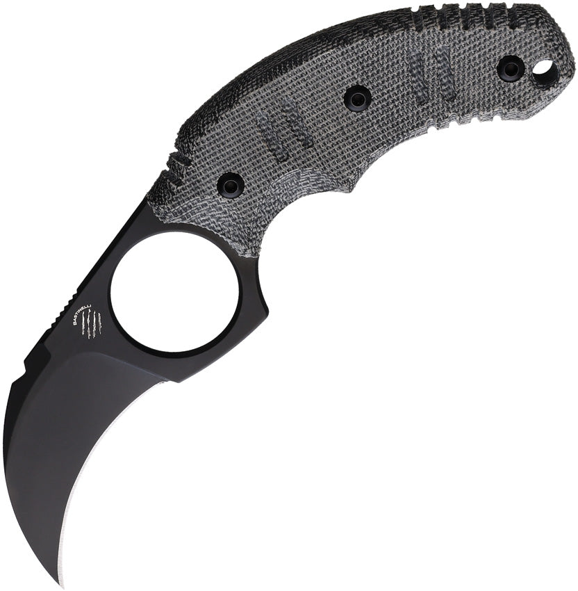Bastinelli Creations Ligament Fixed Blade - A black fixed blade knife with a curved hawkbill blade and a black canvas micarta handle, including a finger ring and lanyard hole, with a black and red Kydex belt sheath.