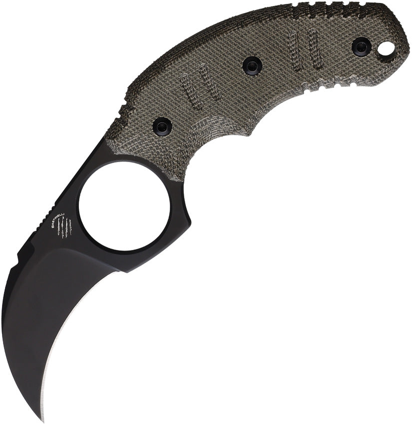 Bastinelli Creations Ligament Fixed Blade OD Green - A green handle fixed blade knife with a curved black blade and finger ring, titled 'Bastinelli Creations Ligament Fixed Blade OD Green'.