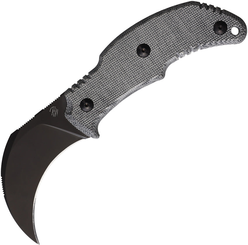 Bastinelli Creations The Primal Fixed Blade Black - A black fixed blade knife with a curved blade and black canvas micarta handle, including a lanyard hole and a black and red Kydex belt sheath.