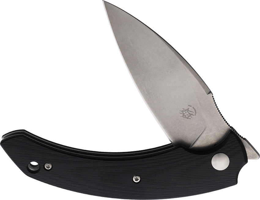 A folding knife with a black handle and stainless steel blade, featuring a linerlock mechanism.