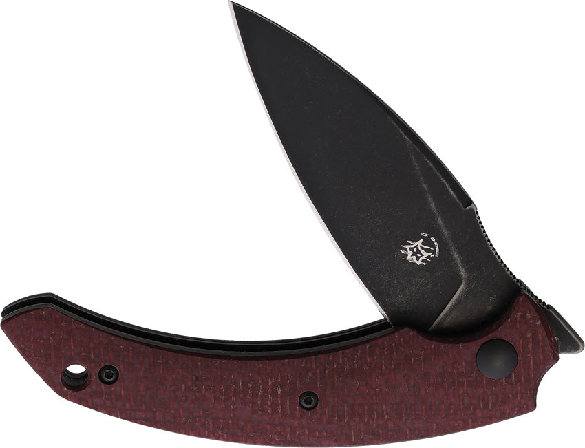 A folding knife with a black blade and brown Micarta handle, featuring a frame lock mechanism.