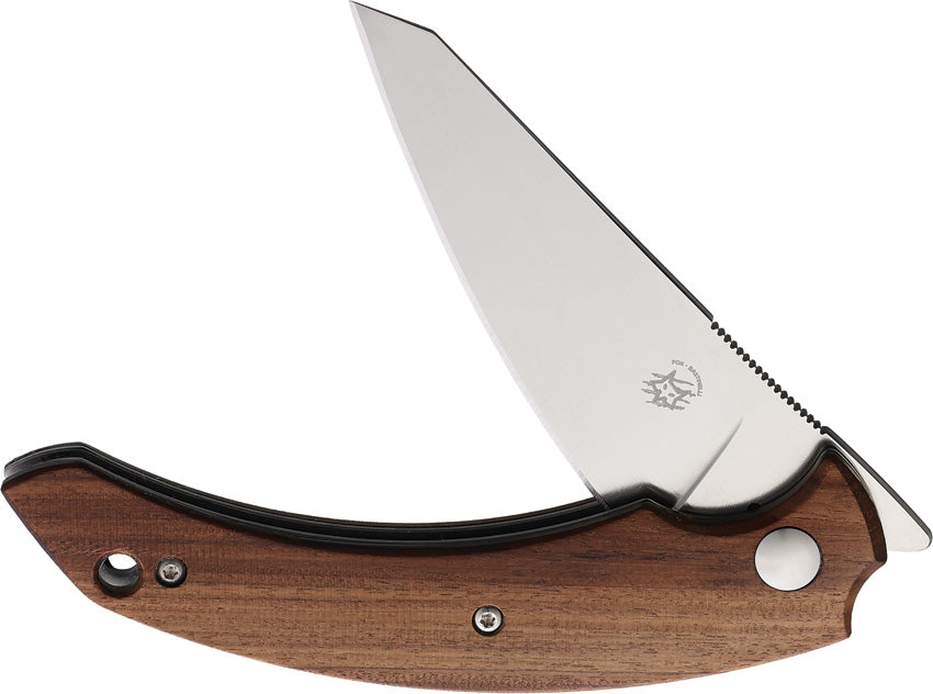 A folding knife with a wooden handle and a stainless steel blade, featuring a frame lock mechanism.