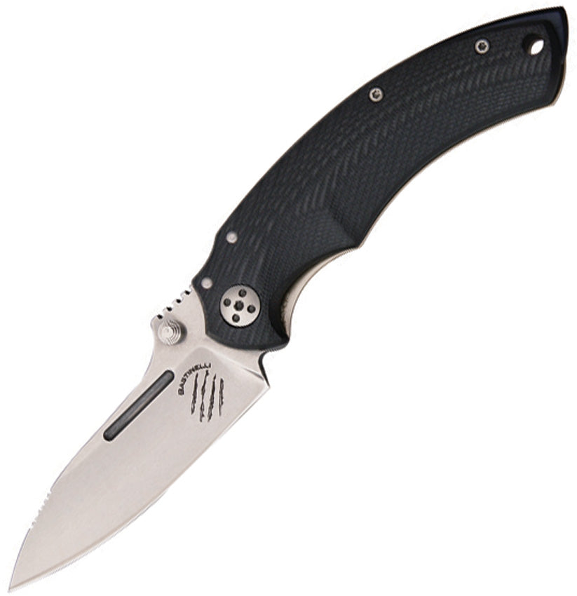 Bastinelli Creations BBR2 Folder - A black folding knife with a satin finish blade, black G10 handle, titanium back handle, thumb stud, lanyard hole, and pocket clip.