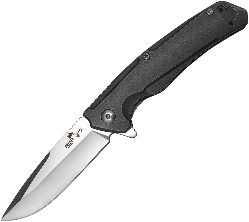 A black stonewash finish titanium handle folding knife with a satin finish stainless steel blade, extended tang, and pocket clip. | King of Knives e-store