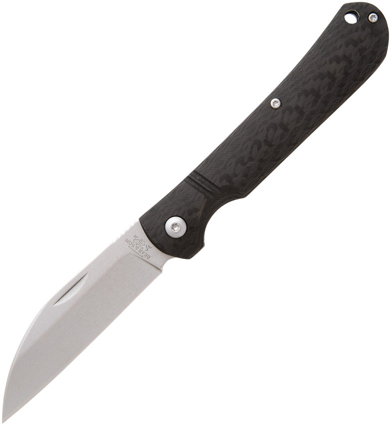 A Bear & Son folding knife with a satin finish D2 tool steel Wharncliffe blade and carbon fiber handle, featuring a slip joint mechanism. | King of Knives e-store