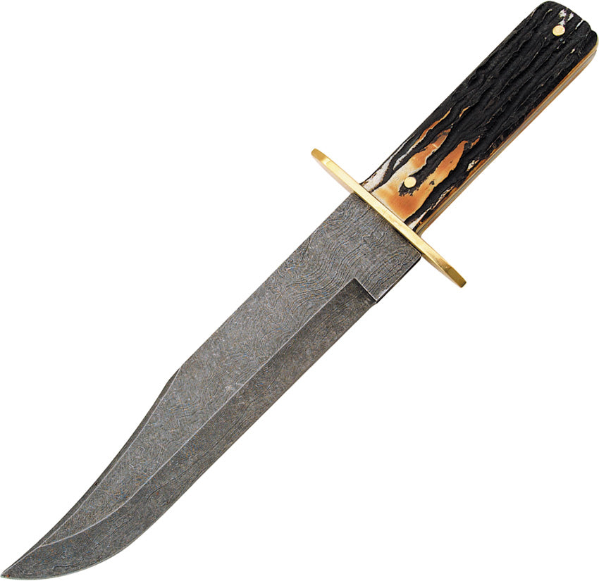 A Bowie knife with a Damascus steel blade and a brown leather belt sheath. The handle appears to be made of India stag bone with a brass guard.