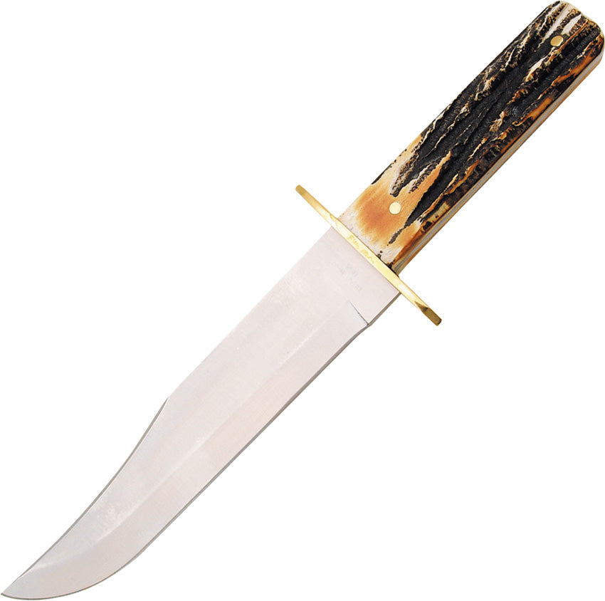 A Bowie knife with a stainless steel blade and a brown leather belt sheath. The handle appears to be made of India stag bone with a brass guard. | King of Knives e-store