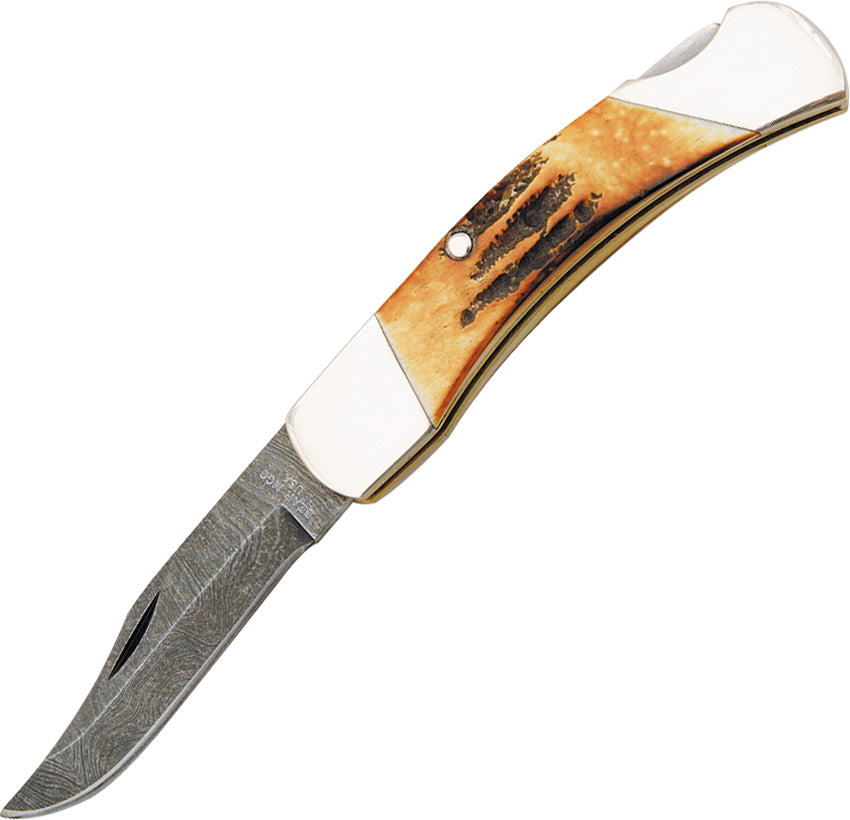 A Bear & Son folding knife with a Damascus steel clip point blade and an India stag bone handle. | King of Knives e-store