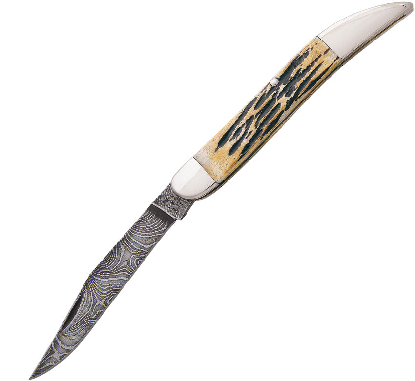 A folded pocket knife with a Damascus steel blade and an India stag bone handle, featuring nickel silver bolster(s). | King of Kn