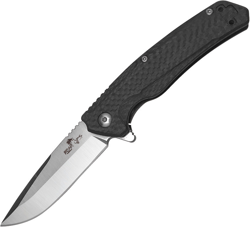 A folded Bear Ops Rancor VII Framelock knife with a satin finish blade and black carbon fiber handle. | King of Knives e-store