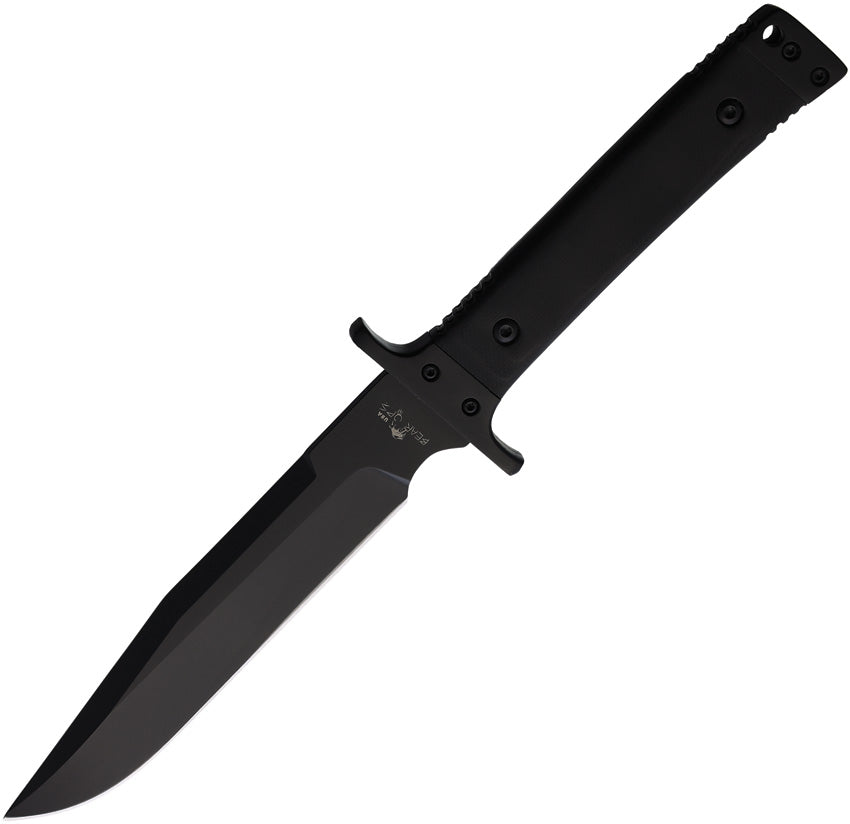A black fixed blade knife with a D2 tool steel blade and black G10 handle, including a lanyard hole and ballistic belt sheath with Kydex insert. King of Knives e-store