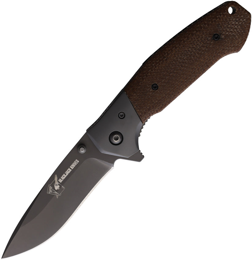 A folding knife with a brown micarta handle and a gray titanium coated stainless steel blade, featuring a linerlock mechanism.