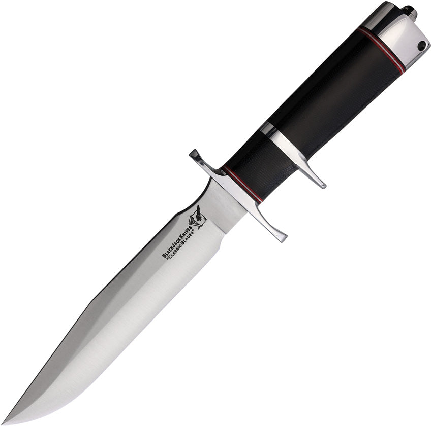 A fixed blade hunting knife with a black canvas micarta handle and a satin finish steel blade, featuring a sub hilt design and an aluminum pommel.