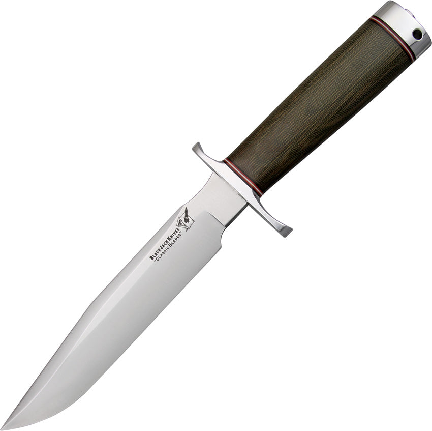 A fixed blade knife with a green canvas micarta handle and a silver-colored blade, featuring an aluminum guard and a lanyard hole.