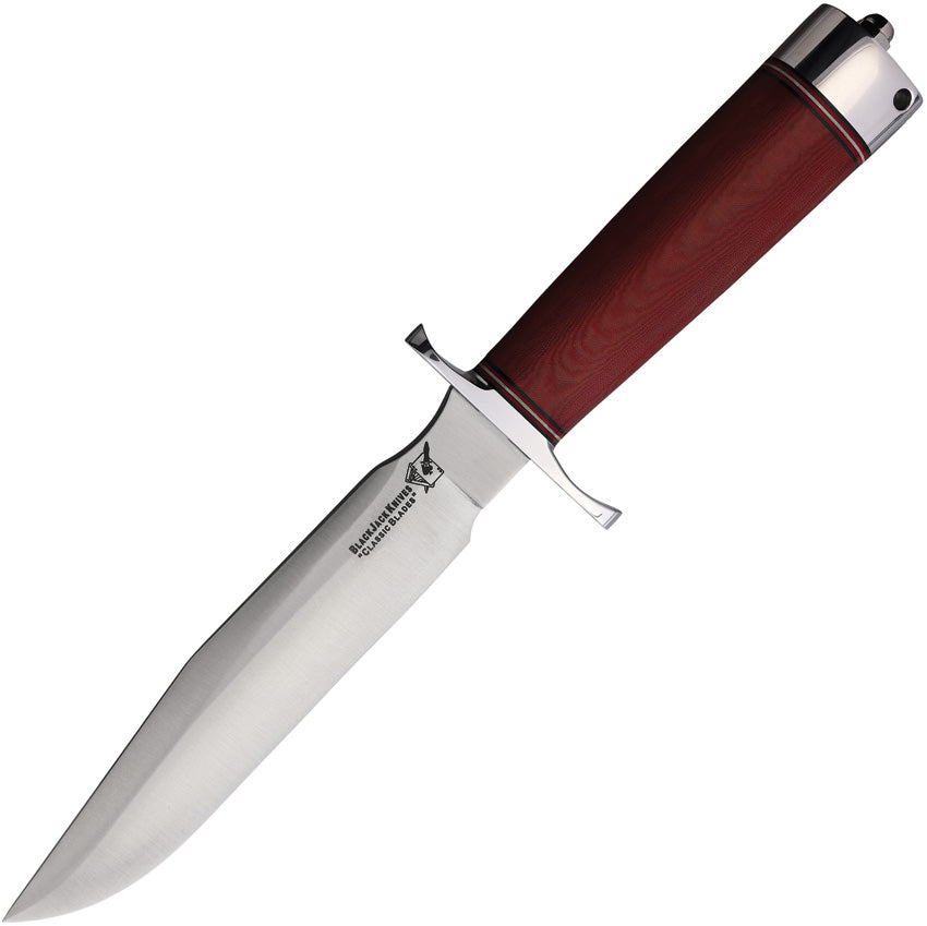 A fixed blade knife with a red linen micarta handle and a satin finish steel blade, featuring an aluminum pommel and a lanyard hole. The knife is sheathed in a brown leather belt sheath.