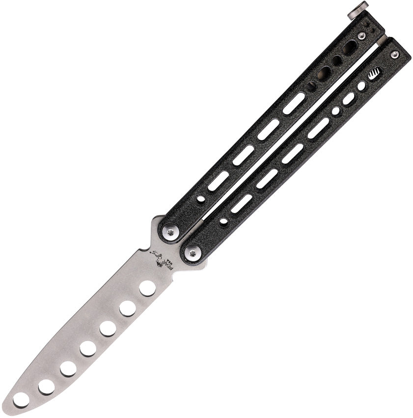 A folding knife with a silver blade and black handle featuring a pattern of holes near the blade's spine and a round tip. King of Knives e-store