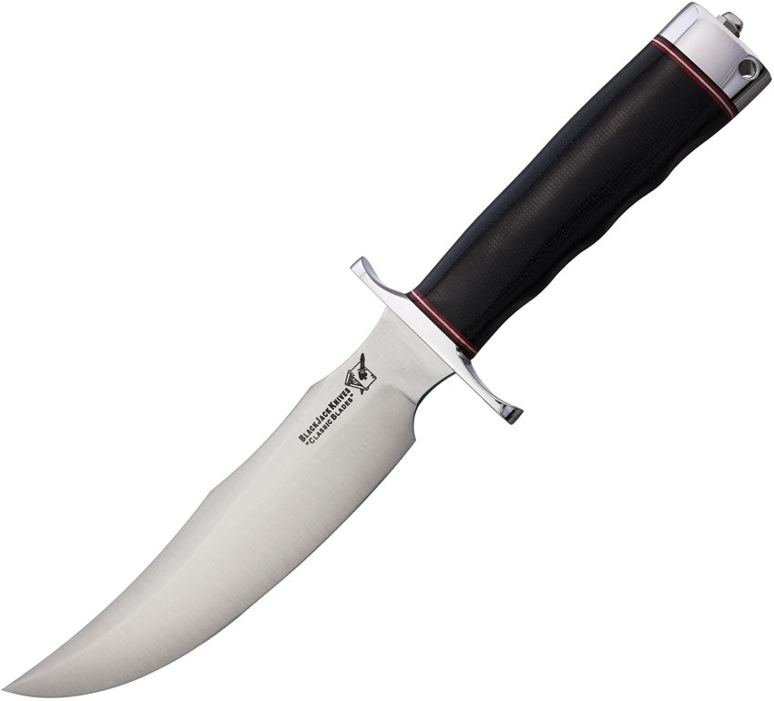 A fixed blade knife with a black canvas micarta handle and a stainless steel satin finish blade. The knife has an overall length of 12 inches and includes an aluminum guard, pommel, and a lanyard hole.