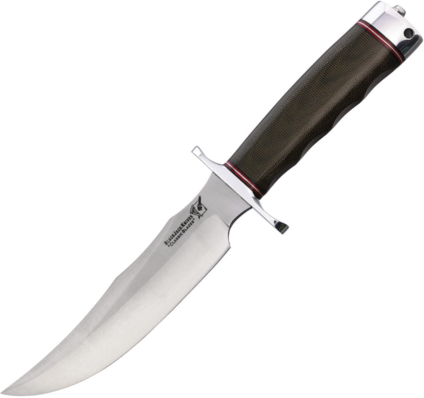 A fixed blade hunting knife with a green canvas micarta handle and a satin finish stainless steel blade. The knife has an overall length of 12 inches and includes an aluminum guard, pommel, and a lanyard hole.