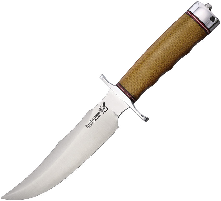 A fixed blade knife with a satin finish stainless steel blade and a natural canvas micarta handle, featuring an aluminum guard and a lanyard hole, boxed.