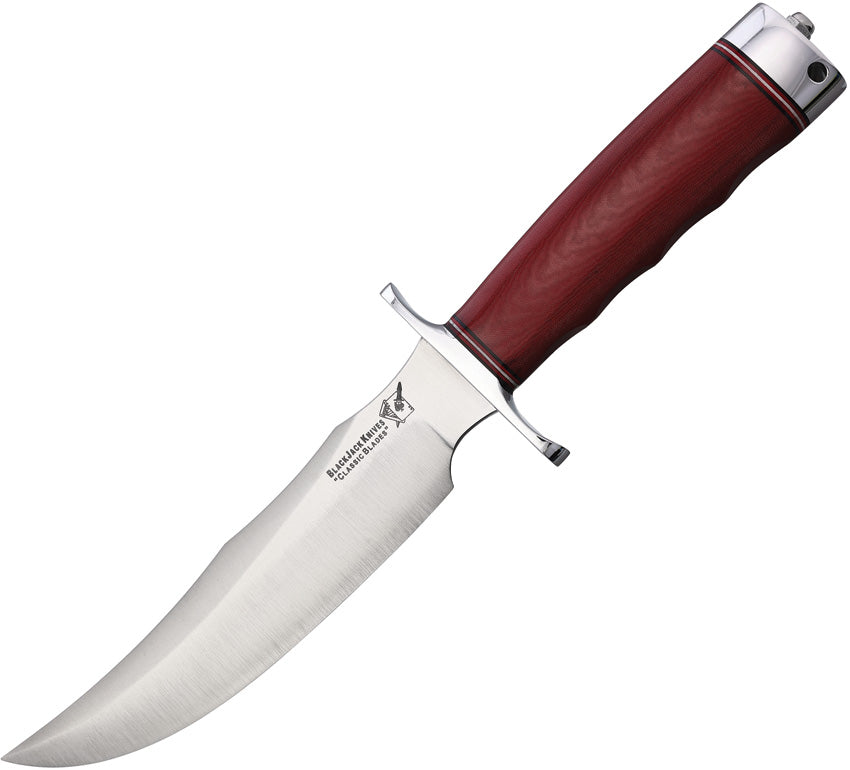 A fixed blade knife with a red micarta handle and a satin finish stainless steel blade. The knife has an aluminum guard and a pommel, and a lanyard hole.