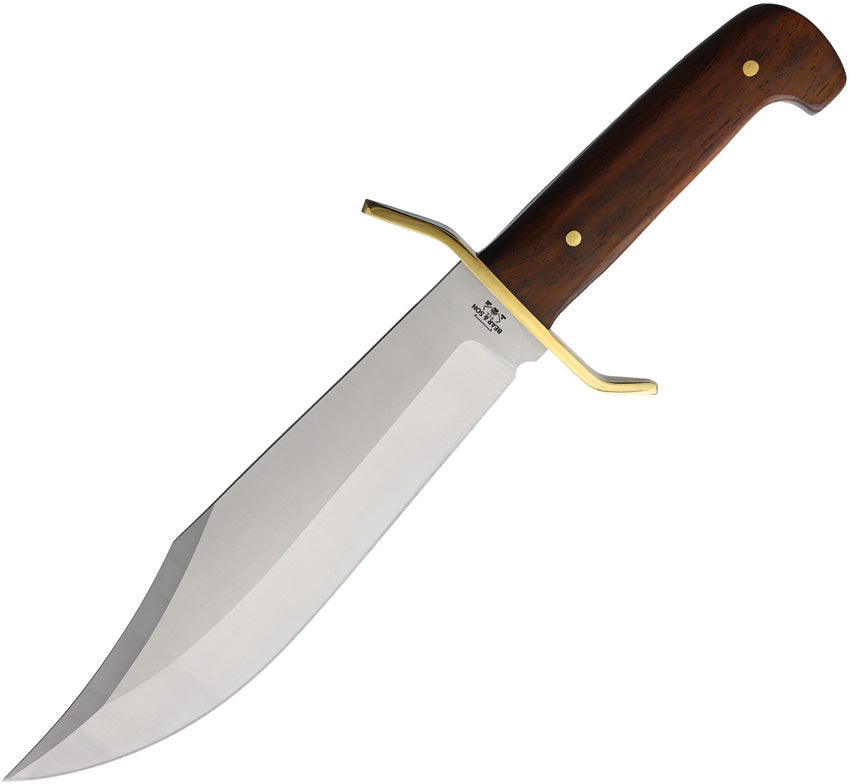 A Bowie knife with a cocobolo wood handle, brass guard, and a brown leather belt sheath. | King of Knives e-store