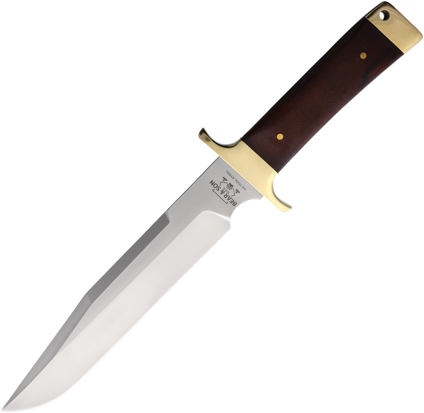 A Bear & Son Freedom Fighting Bowie knife with a brown wood handle, brass guard and pommel, and a satin finish D2 tool steel bowie blade. | King of Knives e-store