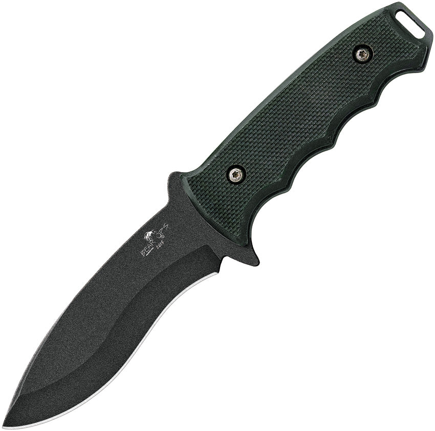 Fixed blade hunting knife with a black 1095HC steel blade, black G10 handle, and black Kydex sheath. King of Knives e-store